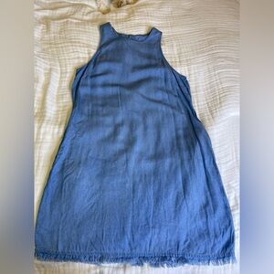 Vintage Cachet Fashions Chambray Shift Dress Small 100% Lyocell Fringe Hem